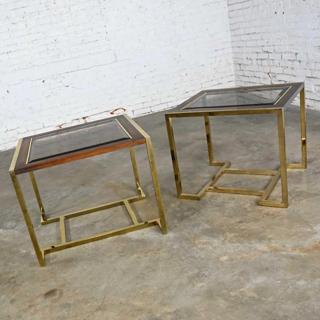 Thomasville Modern End Tables 2 Sizes Brass Plated Dark Wood & Smoked Glass Rectangles by Thomasville Furniture Style of Milo Baughman, a Pair For Sale - Image 4 of 17