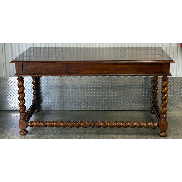 Handsome writing desk featuring gorgeous barley twist legs and stretcher, two dovetailed drawers for storage, middle drop...