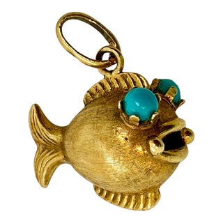 1960s 18k Yellow Gold and Persian Turquoise Fish Pendant or Charm For Sale