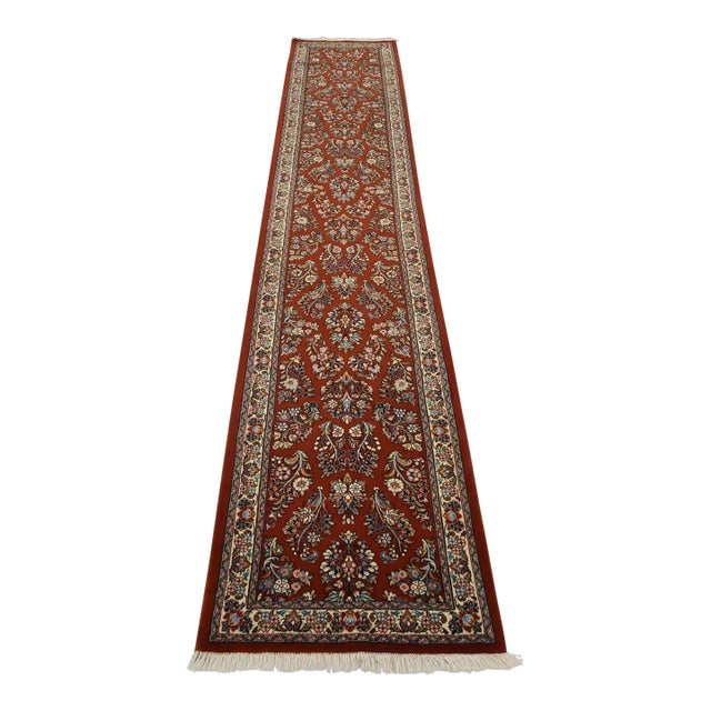 Fine Sarouk Runner 2’8” X 13’1” Rust Wool Traditional Hand-Knotted Oriental Rug For Sale