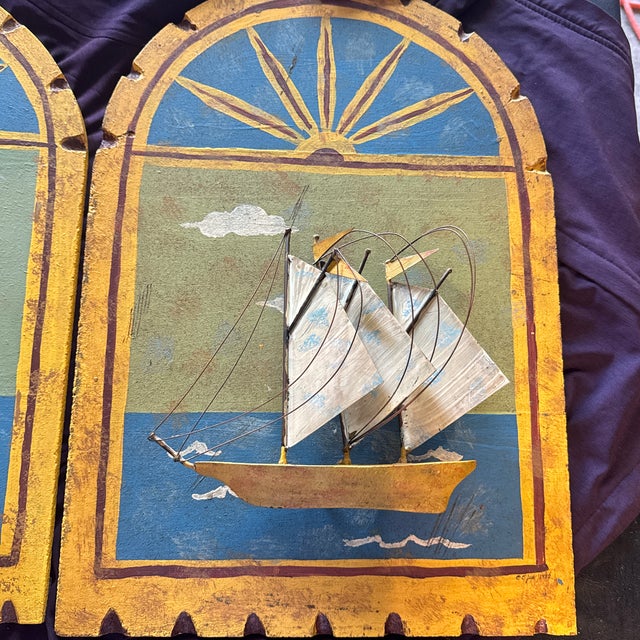 Curtis Jere Vintage 1982 Curtis Jeré Wood & Metal Diptych Wall Sculptures - "The Schooner" & "Breaching Whale" Pair With Original Artisan House & Raymor Tags For Sale - Image 4 of 12