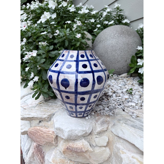 Rustic European Cobalt Grid Italian Ceramic Vase For Sale - Image 3 of 6