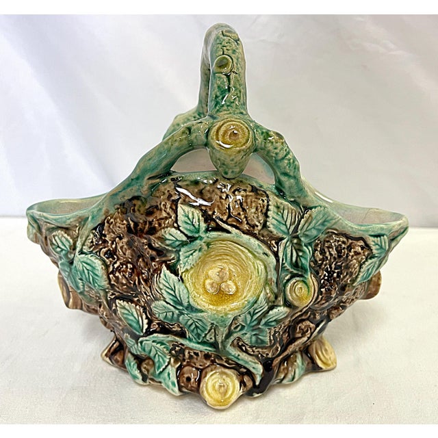 Vintage Italian Majolica Faux Bois Birds Nest Ceramic Basket Vase For Sale - Image 10 of 12