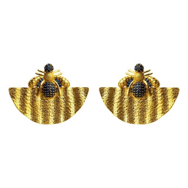 Abundance Honey Bee Sapphire & Gold Chunky Earrings, A Pair For Sale