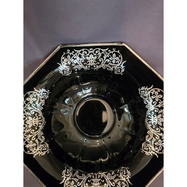 Mid-Century Modern Mid 20th Century Black Glass Bowl With Sterling Floral Overlay For Sale - Image 3 of 5