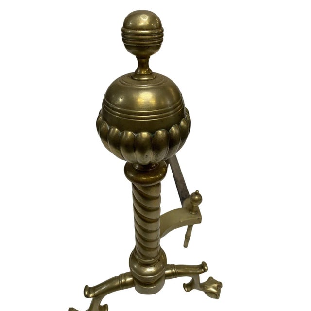 Brass Belted Ball-Top and Spiral Turned Clawfoot Andirons - a Pair For Sale In Los Angeles - Image 6 of 8