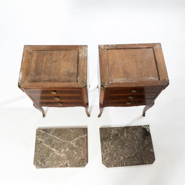 Pair of French Louis XV Style Marble Top 3 Drawer Stands For Sale - Image 4 of 15