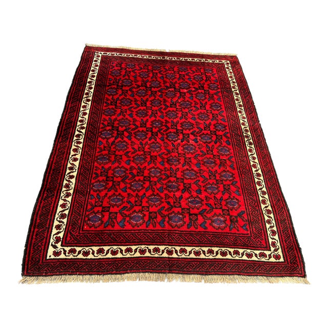 Vintage Afghan Hand-Knotted Baluchi Rug Floral Medallion Design Persian Style Rug For Sale