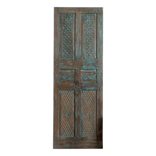 Antique Dusty Blue Carved Door – Rustic Farmhouse Barn Door or Hinged Statement Panel80x28 For Sale