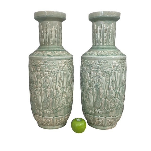 Asian Vintage Celadon Porcelain Buddha Vases 23.75" H Set of Two For Sale - Image 3 of 9
