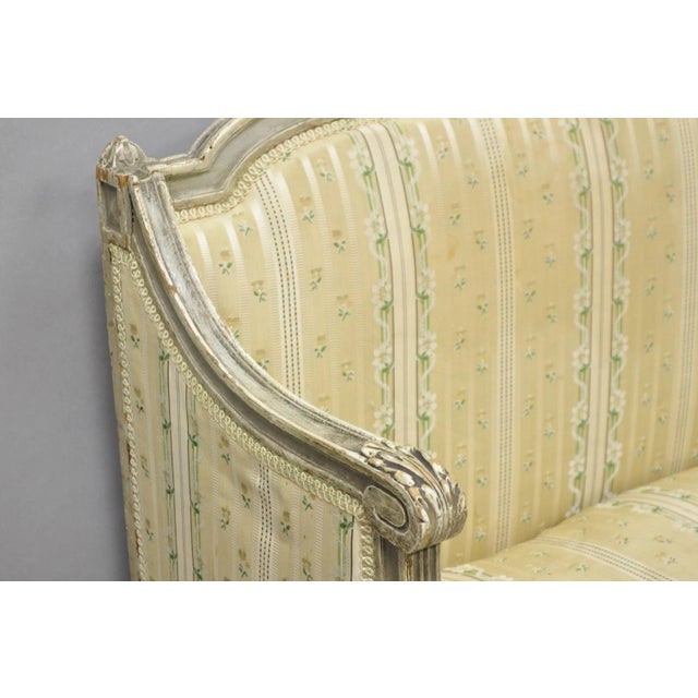 Wood Antique French Louis XVI Style Cream Distress Painted Petite Canape Settee Sofa For Sale - Image 7 of 18