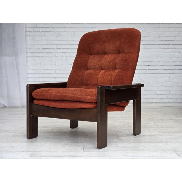Danish Armchair in Orange-Red Velour and Dark Oak Wood, 1970s For Sale - Image 11 of 17