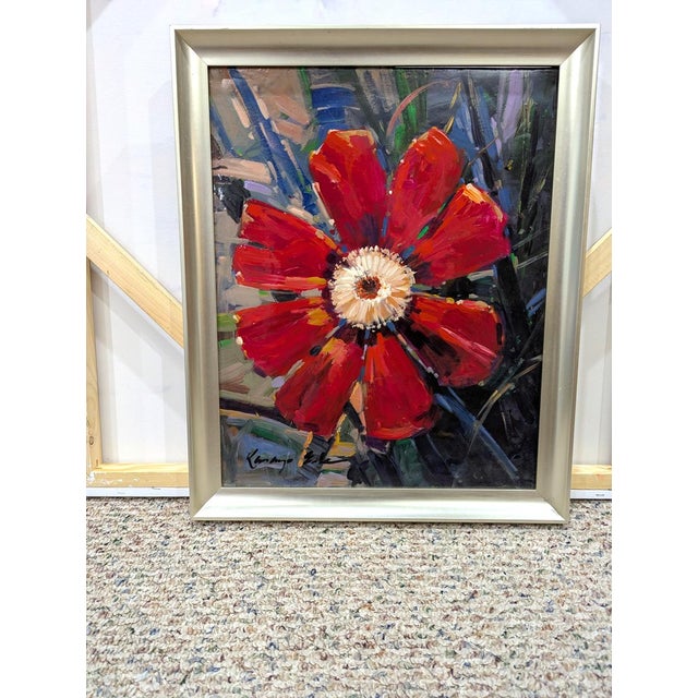 Original Framed Red Flower Painting on Canvas. High Gloss. For Sale - Image 4 of 4