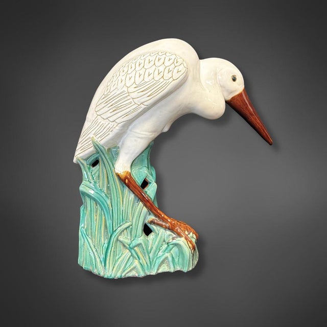 Majolica Crane - Elegant ceramic sculpture This impressive majolica sculpture of a crane impresses with its fine painted...