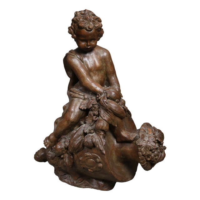 Vintage Terracotta Child on a Jar Sculpture, 1920s For Sale