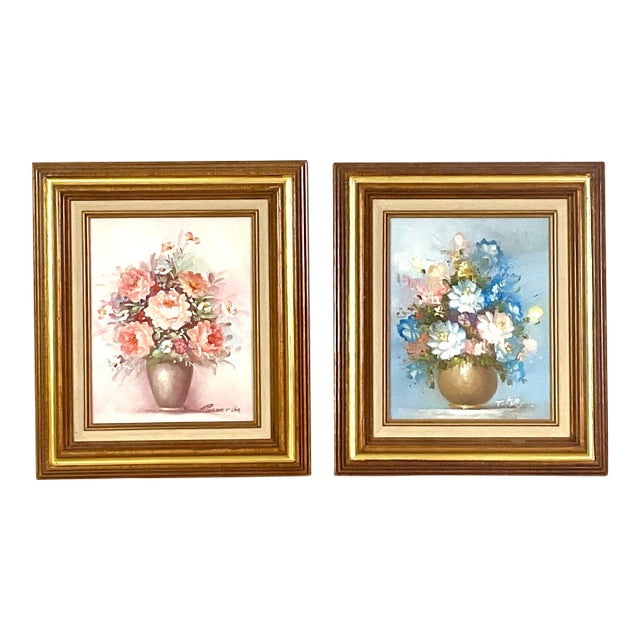 1980s Floral Oil, Paintings, a Pair, Signed, Oil on Canvas For Sale