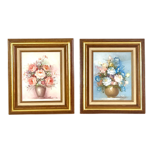 1980s Floral Oil, Paintings, a Pair, Signed, Oil on Canvas