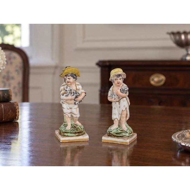 English Antique Early 19th Century English Porcelain Figures - Boy With Dog and Girl With Cat - A Pair For Sale - Image 3 of 15