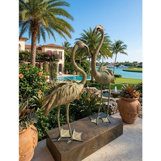 Verdigris Pair of Vintage Verdigris Bronze Flamingo Garden Statues For Sale - Image 8 of 9