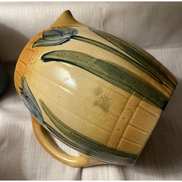 Antique 1910s Attributed to Roseville Early Ware Art Pottery Ceramic Pitcher W/ Blue Tulips For Sale - Image 10 of 11