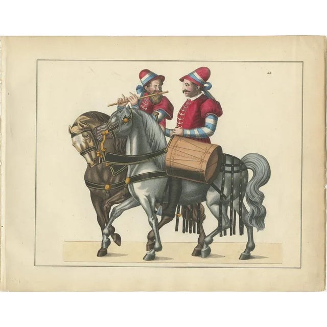 19th-Century Hand-Coloured Print of Medieval Musicians on Horseback This captivating original hand-coloured lithograph,...