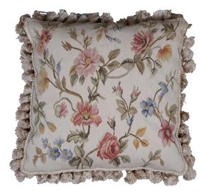 Late 20th Century Embroidered Pink & Blue Floral Down Filled Throw Pillow With Tassels