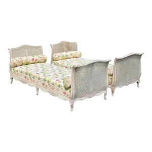 Early 20th Century Vintage French Louis XV Style Pink & Cream Painted Cane Bed Daybeds - a Pair