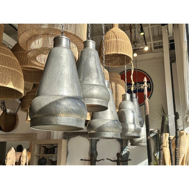 Early 21st Century Vintage Nickel Industrial Hammered Pendant Light For Sale - Image 5 of 9