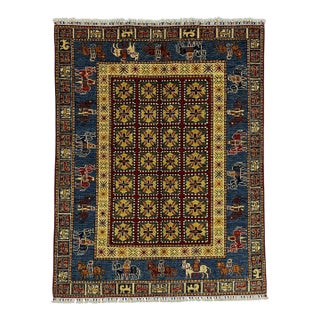 Pictorial Sultani Wool Rug With Horse Border, Blue and Cream, 4'11" X 6'7" For Sale