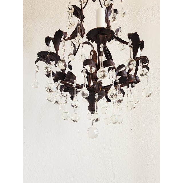 1950s 1950s French Style Wrought Iron & Tole Chandelier With Crystals For Sale - Image 5 of 11
