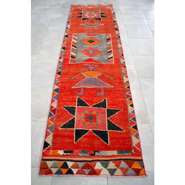 3x10 Ft Vintage Hand-Knotted Tribal Hallway Decor Ancient Alien Motif Rug for Hallway Kitchen Decor Turkish Rug Runner For Sale - Image 9 of 15