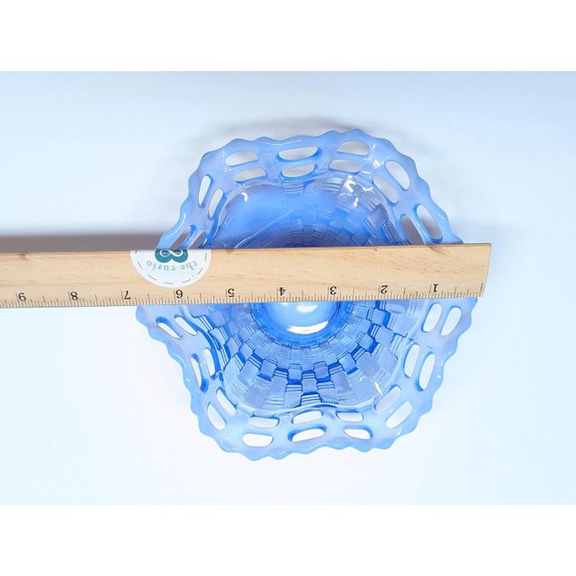 1930s Fenton Art Glass Basket Weave With Open Edge Blue Opalescent Double Crimped Bowl For Sale In Philadelphia - Image 6 of 8