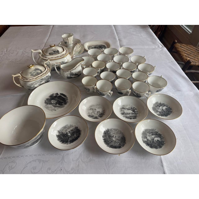 Spode 1800s Spode Bat Printing Black Monochrome Bone China Tea Service - Set 40 PCS For Sale - Image 4 of 12
