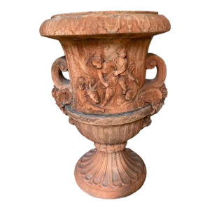 Early 20th Century Italian Terracotta Urn Planter With Winged Satyrs