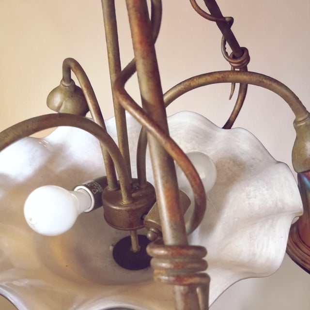 Art Nouveau Iridescent Glass Chandelier With Three Matching Sconces by Quoizel (Signed) For Sale - Image 9 of 14