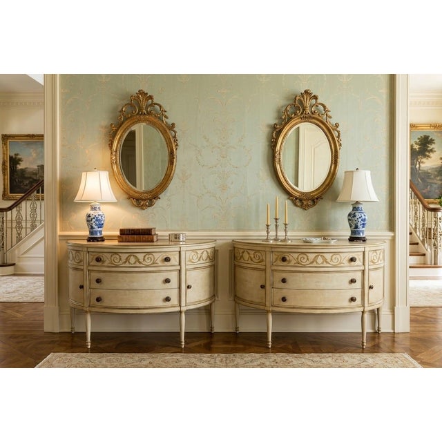 Cream 1990s Pair of Niermann Weeks Hand-Painted Neoclassical Sunburst Demilune Consoles For Sale - Image 8 of 12
