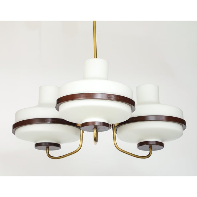 1960's Stilnovo Style Walnut and Brass Chandelier For Sale - Image 11 of 17