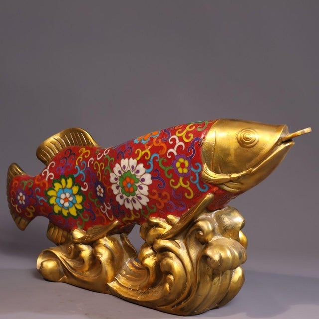 Traditional Late 19th Century Cloisonné Enamel Fish Statue on Gilt Base, 3.05kg For Sale - Image 3 of 9
