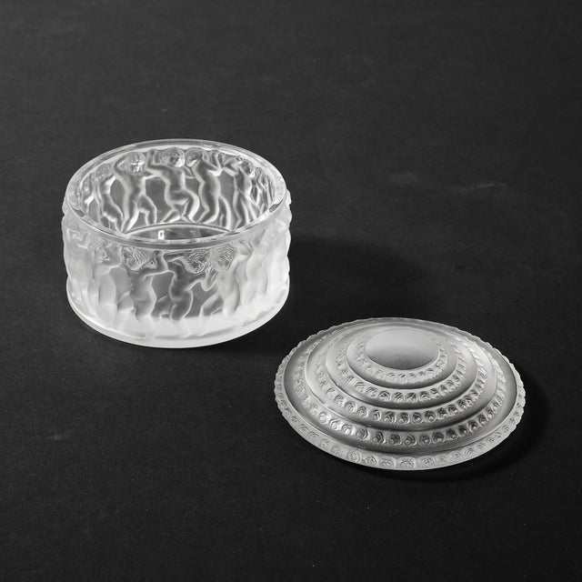 Glass Mid-Century Modernist Crystal Les Enfants Lidded Powder Box Signed Lalique For Sale - Image 7 of 18