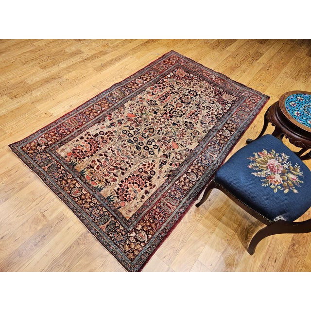 1900 - 1909 Antique Persian Kashan Rug, Hand-Knotted Wool, Tree of Life Design, Ivory & Burgundy, 4x7 For Sale - Image 5 of 15