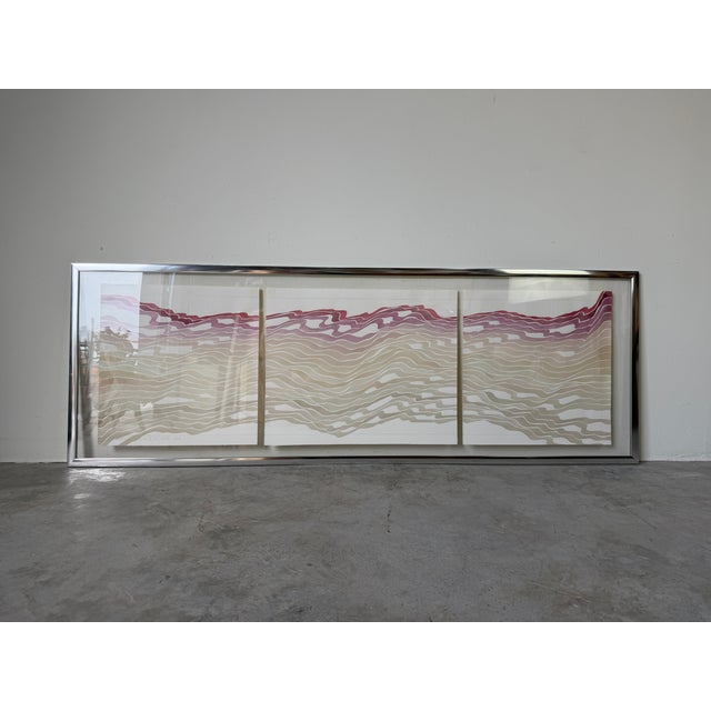 Striking large-scale abstract print titled “Imaginary Landscape”, dated 1984, featuring flowing, layered organic lines in...