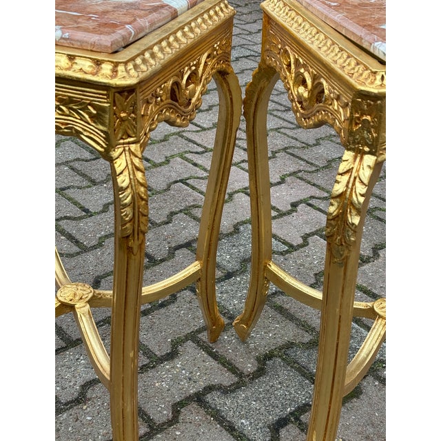 Pink 1970 French Louis XVI Gold Beech Pink Marble Tables - Pair For Sale - Image 8 of 17