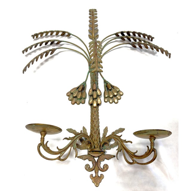 Hollywood Regency Vintage Hollywood Regency Palm Tree With Hanging Date Clusters Double Candle Wall Sconce For Sale - Image 3 of 17