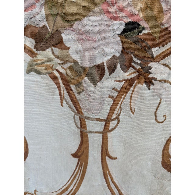 Cream Aubusson Embroidered Tapestry on Vintage Brass Pole With Neoclassical Floral Medallion Motif For Sale - Image 8 of 11