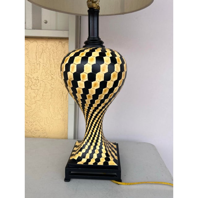 Vintage Art Deco Yellow & Black Checkered or Chevron Pattern Lamp For Sale In West Palm - Image 6 of 8