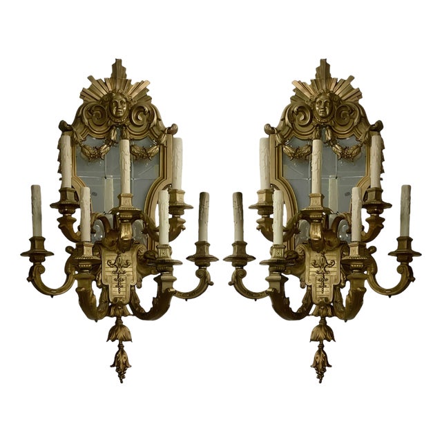 Late 19th Century Pair of French Gilt Bronze Mirrored Wall Sconces Regency Style For Sale