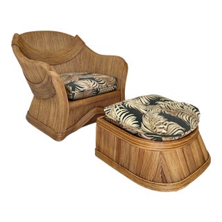 Vintage Betty Cobonpue Style Pencil Reed Rattan Chair and Ottoman Set For Sale