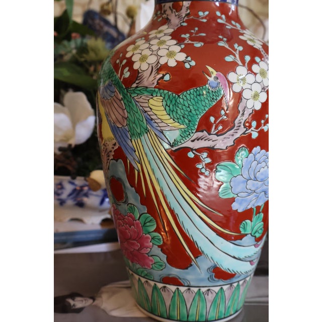Japanese Red-Ground Bird & Peony Ceramic Vase, 12ʺ For Sale - Image 9 of 18