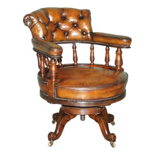 Antique Captain's Desk Chair in Brown Leather, 1880 For Sale