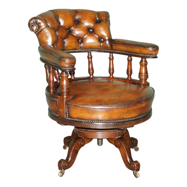 Antique Captain's Desk Chair in Brown Leather, 1880 For Sale